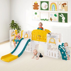 Conjunto de baloiço e escorrega 10 em 1 para crianças com cesto de basquetebol telescópico e corredor infantil Verde + Amarelo