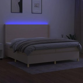 Cama box spring c/ colchão e LED 200x200 cm tecido cor creme