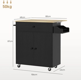 Ilha de Cozinha com Rodas com Lateral Dobrável Gaveta Suporte para Temperos e Prateleira Ajustável 106x42x87 cm Preto e Carvalho