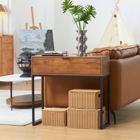 Mesa de consola, com gaveta e pés em aço, para sala de estar, hall de entrada, corredor, 80 x 30 x 76 cm, castanho