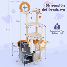Arranhador para gatos grande 61 x 41 x 160 cm alto com brinquedos, rede e base estável para vários gatos bege
