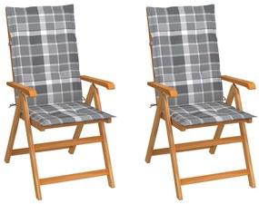 vidaXL Cadeiras jardim c/ almofadões xadrez cinzento 2 pcs teca maciça