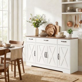 Aparador de Cozinha, 140 x 40 x 81 cm, 4 Portas Tipo Celeiro, Branco