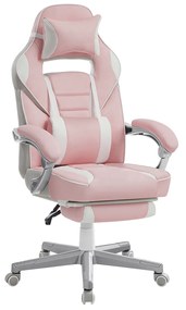 Cadeira de escritório SONGMICS, cadeira de jogos, ajustável, apoio para os pés telescópico, mecanismo de balanço, apoio de cabeça, apoio lombar, carga 150 kg, rosa doce e branco creme OBG073P01