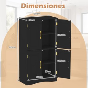 Móvel despensa 110 cm independente com 4 portas e 2 prateleiras ajustáveis Armário para cozinha sala de jantar Preto