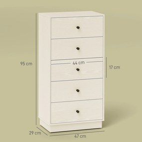 Cómoda com 5 gavetas 47 x 29 x 95 cm, móvel de arrumação alto e estreito, estilo moderno para quarto, sala de estar creme