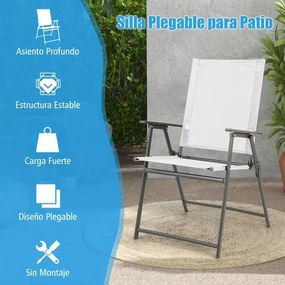 Conjunto de 4 cadeiras de jardim dobráveis com encosto alto Cadeira de jardim exterior portátil em metal de tecido resistente Brancas