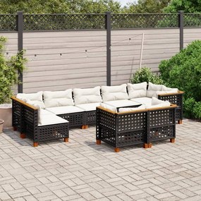 9 pcs conjunto de sofás p/ jardim c/ almofadões vime PE preto