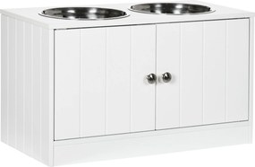 PawHut Comedouro Elevado para Cães 2 Tigelas de 2000ml de Aço Inoxidável 2 Portas e Armazenamento 60x30x35,5cm Branco | Aosom Portugal