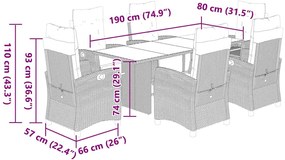 7 pcs conj. jantar p/ jardim c/ almofadões vime PE cinza-claro