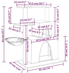 Árvore p/ gatos c/ postes arranhadores sisal 83 cm cinza-escuro