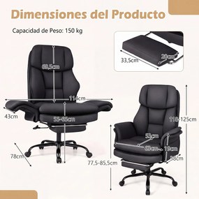 Cadeira de Escritório com Apoio para os Pés, 63-114 x 78 x 118-125 cm, Encosto Reclinável, Preto
