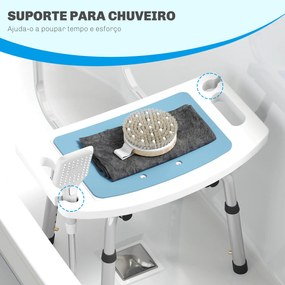 Cadeira de Duche para Idosos com Encosto e Altura Ajustável em 6 Níveis, Carga Máxima de 136 kg Azul Claro e Branco