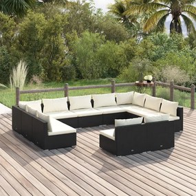 vidaXL 11 pcs conjunto lounge de jardim c/ almofadões vime PE preto
