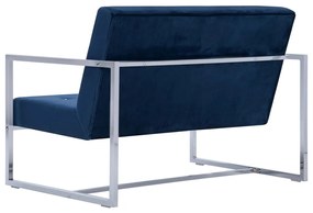 Sofá de 2 lugares com apoio de braços cromado e veludo azul