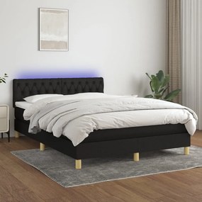 Cama box spring c/ colchão e LED 140x200 cm tecido preto