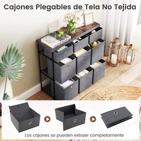 Cómoda com 9 gavetas 87 x 28 x 84 cm, estrutura metálica e cestos de tecido dobráveis para casa, cinza