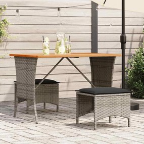 3 pcs conjunto de jantar p/ jardim c/ almofadões vime PE cinza