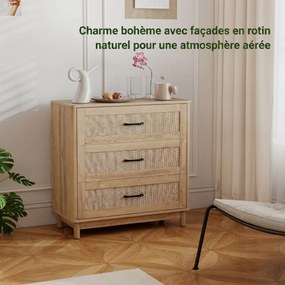 Cómoda de 3 Gavetas, 76 x 35 x 76 cm, Frentes em Rotim Natural, Carvalho