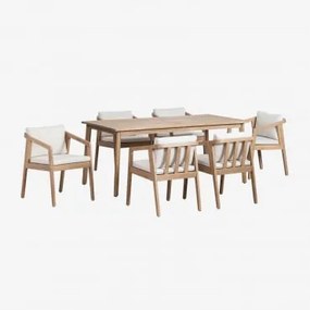 Conjunto De Mesa Retangular Kaela (180x90 Cm) E 6 Cadeiras De Jardim Em Madeira De Acácia Tecido Gardénia Branco - Sklum