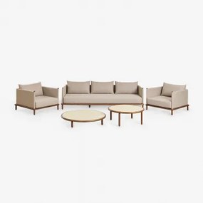 Conjunto De Sala Com Sofá De 3 Lugares, 2 Poltronas E 2 Mesas De Centro Redondas Em Madeira De Acácia Olivia Beige Semoline & Castanho-acácia Escuro -