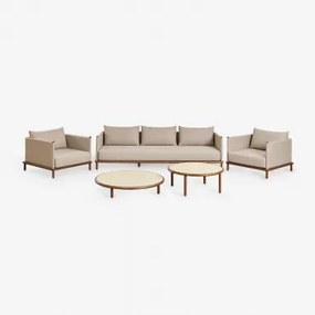 Conjunto De Sala De Estar Com Sofá De 3 Lugares, 2 Poltronas E 2 Mesas De Centro Redondas Em Madeira De Acácia Olivia Beige Semoline - Sklum