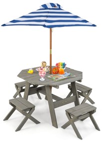 Conjunto de mesa de madeira para crianças com 4 cadeiras Guarda-sol dobrável de altura ajustável para pátio exterior Pátio jardim Cinzenta