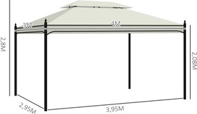 Pérgola de Jardim 4x3 m com Telhado Duplo 4 Cortinas Estrutura de Aço 8 Orifícios de Drenagem Anti-UV Creme