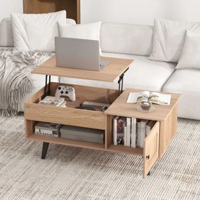 Mesa de centro 100 x 50 x 46 cm com tampo elevável e arrumação rebatível com compartimento oculto e estante para sala de estar natural