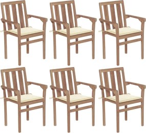 vidaXL Cadeiras de jardim empilháveis c/ almofadões 6 pcs teca maciça