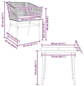 3 pcs conjunto jantar jardim almofadões vime PE vidro preto