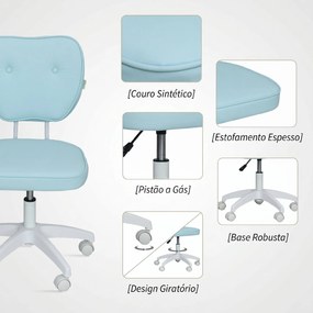 Cadeira de Escritório Giratória Estofada em Pele Sintética com Altura Ajustável sem Braços Suporta até 120 kg 46x59x82-92 cm Azul Claro