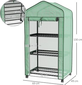 Mini estufa de jardim com 3 prateleiras 69 C x 49 L x 130 A cm, lona de PE de alta densidade, porta enrolável, 4 rodas Verde