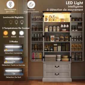 Armário alto de cozinha76 x 39,5 x 183 cm iluminação LED com sensor, 2 portas, gavetas e prateleiras ajustáveis, branco