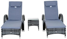 Outsunny Conjunto de 2 Espreguiçadeiras com Mesa de Vime Chaise Longue almofadas acolchoadas para Jardim Cinza | Aosom Portugal