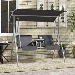 Baloiço de jardim de 2 lugares com toldo inclinável, tabuleiro central e 2 suportes para copos – 175 x 112 x 158 cm – cinzento