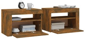 Mesas cabeceira c/ LEDs 2 pcs 60x35x40 cm carvalho fumado