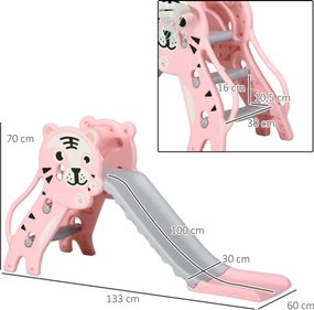 Escorrega para Crianças 2 em 1 com 2 Degraus Cesta de Basquetebol e Desenho de Tigre para Interior 133x60x70 cm Rosa