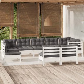 vidaXL 9 pcs conj. lounge de jardim c/ almofadões pinho maciço branco