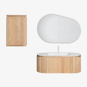 Conjunto De Móvel De Casa De Banho Suspenso Em Madeira Com Lavatório Integrado Carsone Madeira Natural & Madeira Natural & Oval Led E Anti-embaciament
