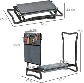 Banco de Jardim apoio joelhos Dobrável com Almofada de Espuma EVA Saco para Ferramentas 58x28x49 cm Cinzento