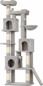 PawHut Arranhador para Gatos Alto 200 cm com 6 Postes Arranhadores em Sisal, 2 Camas, 3 Casinhas, Rede, Cinza Claro | Aosom Portugal