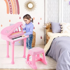 Teclado de piano eletrónico infantil com 31 teclas, piano de brinquedo portátil com banco e microfone LED 35 x 30 x 55 cm Rosa