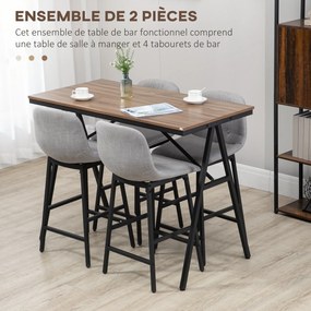 Conjunto de mesa de bar com bancos e mesa de jantar alta com 4 cadeiras estofadas, pés em aço, 120 x 60 x 91 cm, cinzento