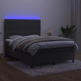 Cama box spring c/ colchão/LED 140x190cm veludo cinzento-escuro