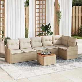Conjunto de Sofá de Jardim vidaXL 7 Peças com Almofadas Bege Rattan Sintético Acácia