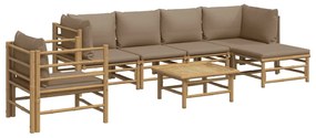 7 pcs conj. lounge jardim bambu c/ almofadões cinza-acastanhado