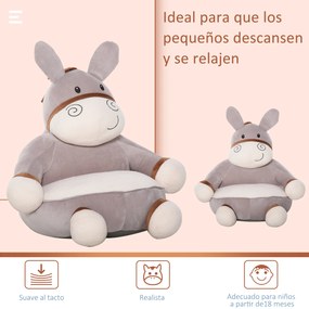 HOMCOM Mini sofá infantil em forma de burro Poltrona fofa para crianças acima de 18 meses com assento acolchoado 60x55x60cm cinza