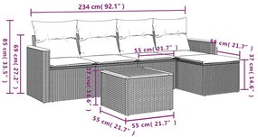 6 pcs conjunto sofás de jardim c/ almofadões vime PE preto