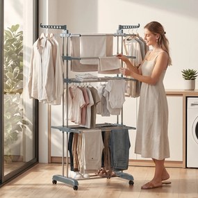 Estendal de roupa dobrável de 5 níveis com rodas 73 (L) x 64 (P) x 172 (A) cm, estendal de interior com abas laterais, estrutura em aço, cinzento